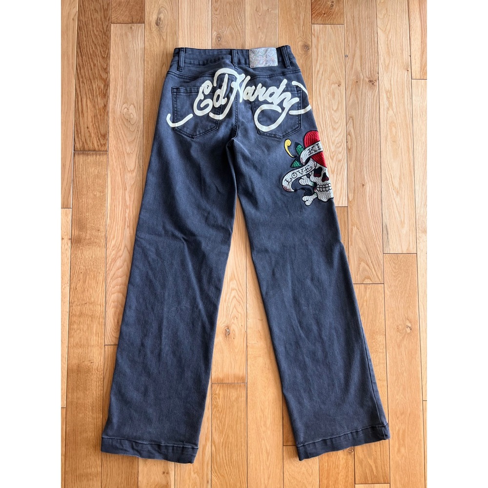 Ed Hardy Love Kills Slowly Wide Leg Embroidered Jeans Gray Y2K Women Size 24
